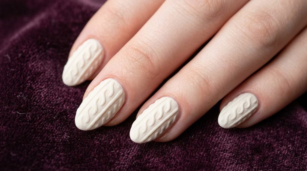 Macro view of clean cuticle lines on cream sweater nails over plum velvet background.