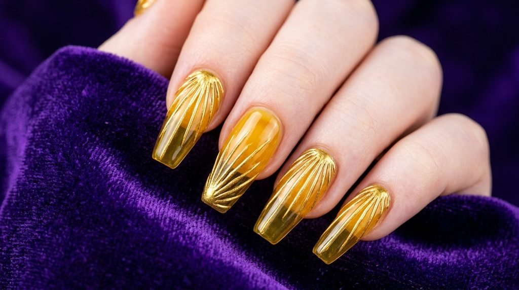 Citrine yellow glass nails with gold sunburst art on very white female hand over royal purple velvet.