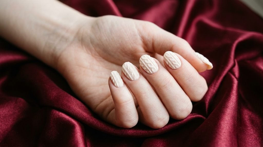 Close up of 18 year old female hand with white skin showing ivory sweater nails over red satin.