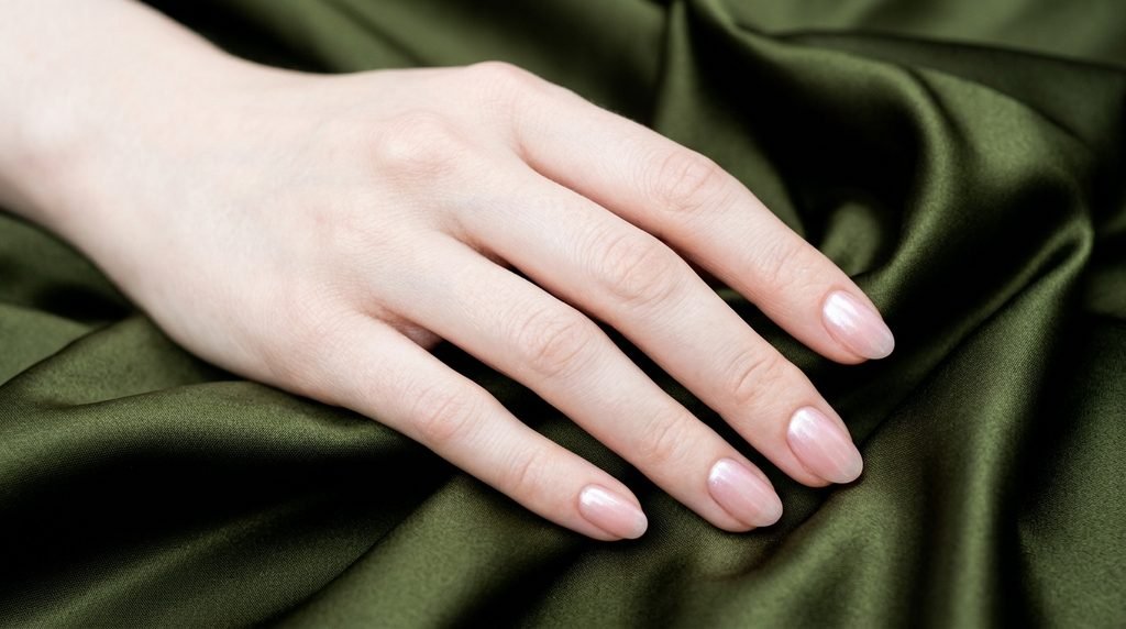 Rose quartz sheer glaze nails on an 18-year-old female hand with very white skin resting on olive green satin.