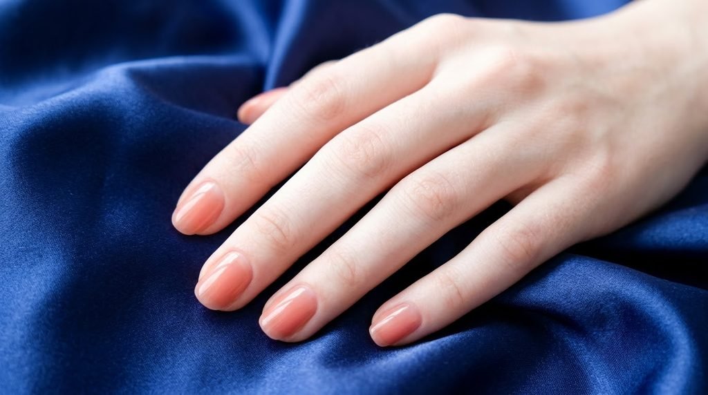 Muted coral apricot sheer nails on an 18-year-old female hand with very white skin on royal blue satin.