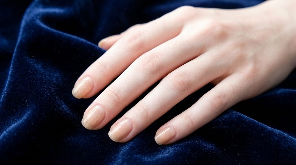 Soft gold glaze sheer nude nails on an 18-year-old female hand with very white skin against navy blue velvet.