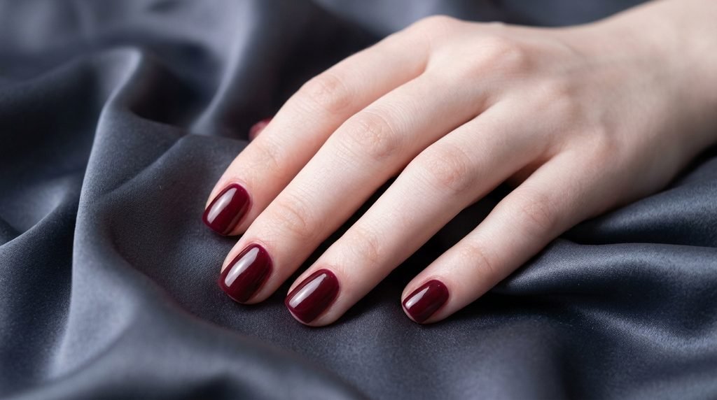 Short squoval merlot wine red nails on a hand with very white skin on slate satin.