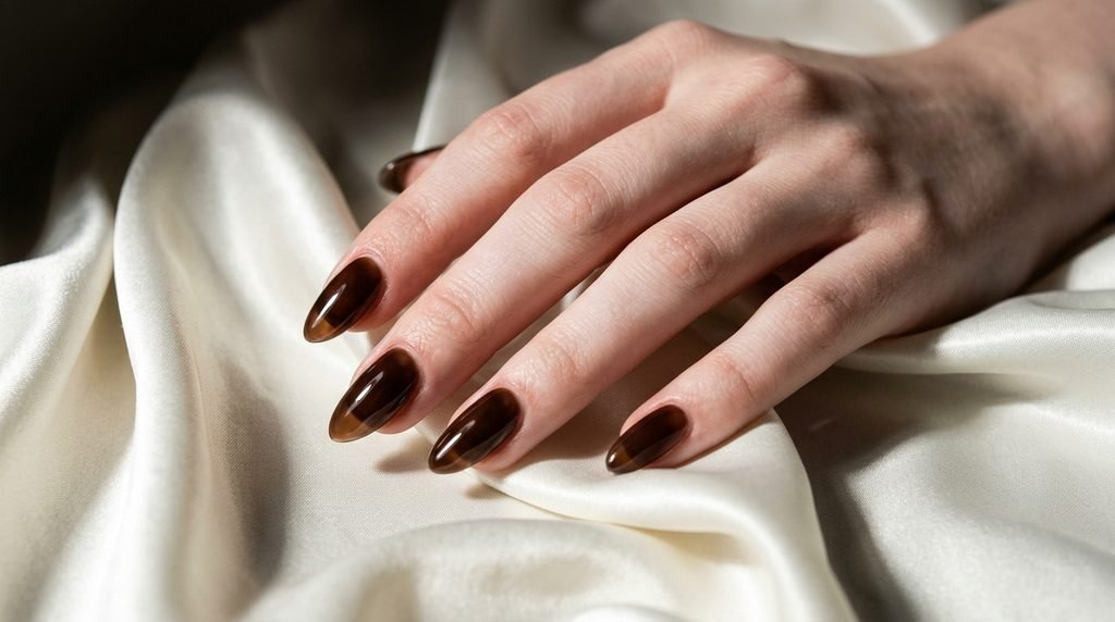 Glazed espresso brown sheer nails on an 18-year-old female hand with very white skin on cream satin.