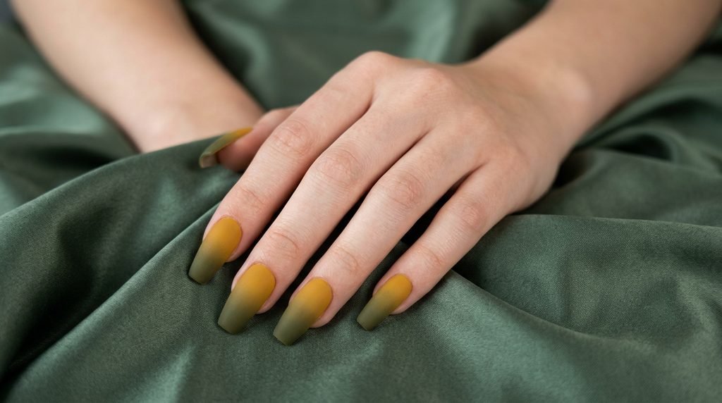 Coffin nails showcasing a smooth matte gradient from mustard yellow to olive green.