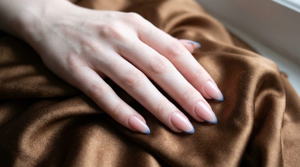Denim blue French tip outlines on almond nails with very white skin.