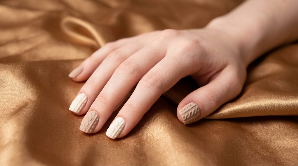 Short squoval cable knit sweater nails in beige and white on golden bronze satin.