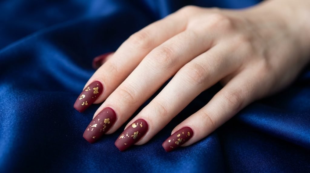 Matte wine red coffin nails featuring small antique gold leaf foil flecks over a royal blue silk background.