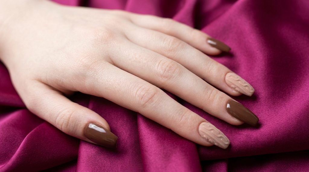 Nude and chocolate brown coffin sweater nails resting on deep magenta silk fabric.