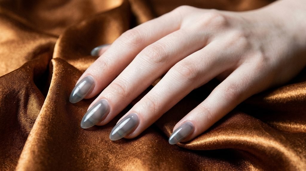 Glass smoke charcoal translucent nails on an 18-year-old female hand with very white skin on bronze silk.