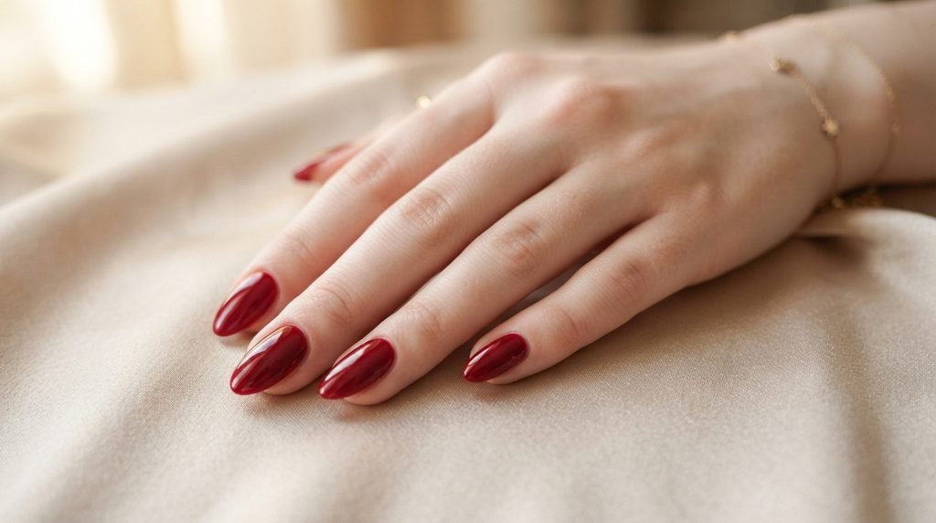 Almond-shaped nails with shiny cherry red polish against champagne silk background.