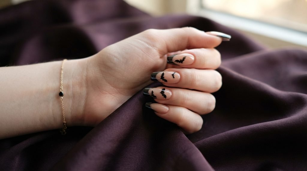 Coffin nails showing delicate black bat silhouettes painted over a sheer nude gel base.