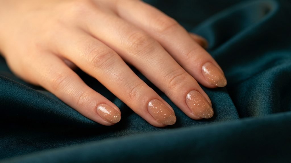 Champagne caramel jelly sheer nails on an 18-year-old female hand with very white skin on teal silk.