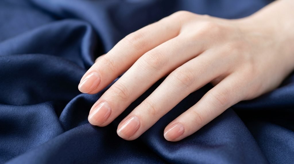 Peach tea jelly sheer nails on an 18-year-old female hand with very white skin against navy blue silk.