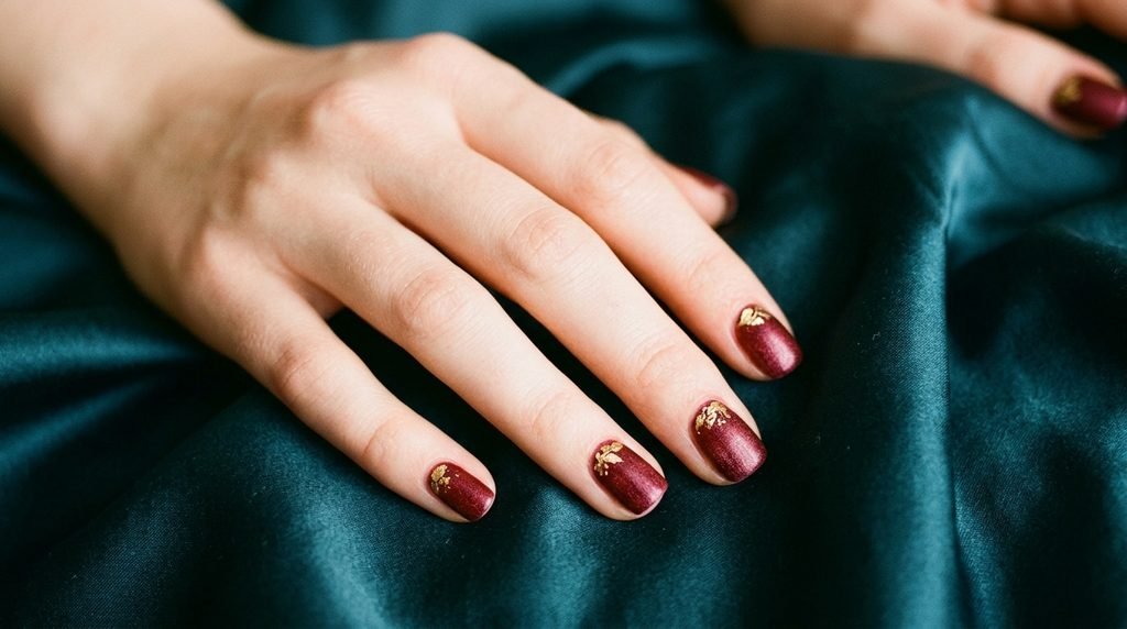 Short squoval velvet merlot nails with gold leaf art on very white skin on teal silk.