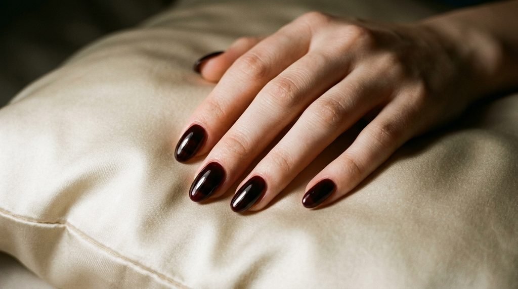 Black cherry translucent nails on fair hand resting against cream silk pillow.