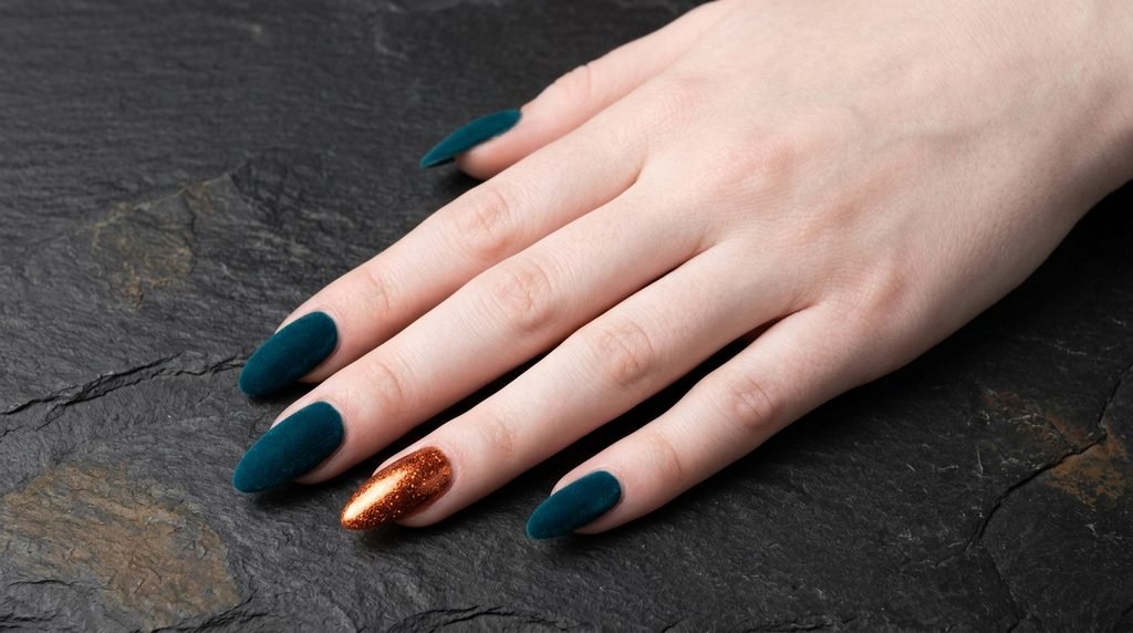 Close-up of an 18-year-old female hand with very white skin resting on dark slate with matte teal and glossy copper almond nails.