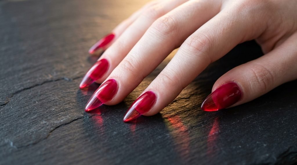 Sheer red gemstone glass stiletto nails on very white female hand resting on black slate stone.