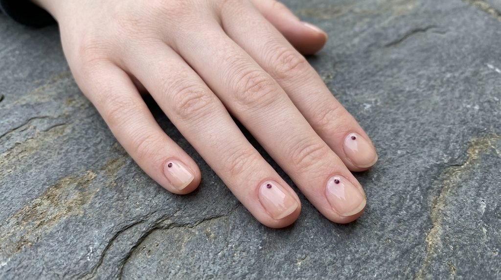 Short round female nails with glossy nude base polish and a single burgundy micro dot near the cuticle on slate stone background.