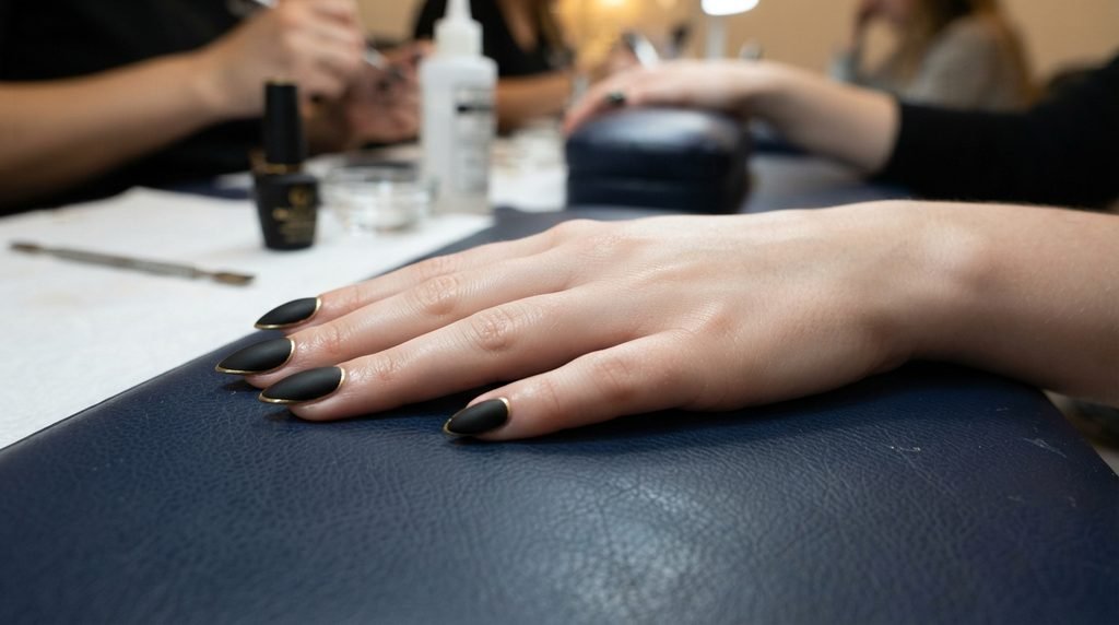 Female hand with very white skin displaying matte black and gold stiletto nails flat on a dark navy leather table.