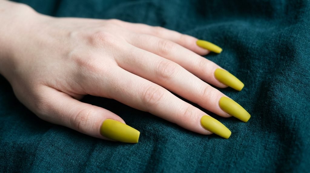 Close-up of an 18-year-old female hand with very white skin showing long matte chartreuse coffin nails against dark teal fabric.