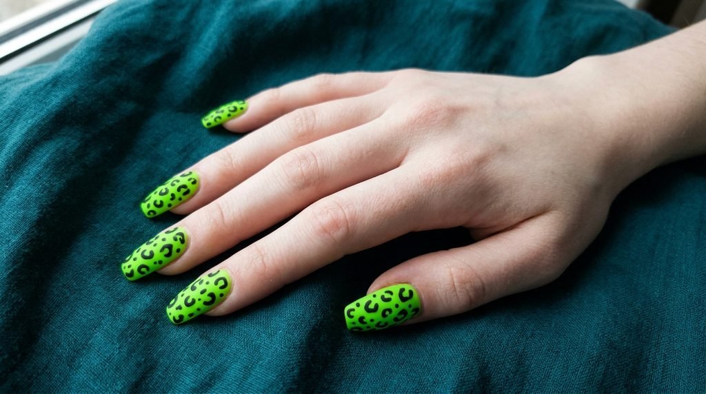 Hand of an 18-year-old female with very white skin showing high-contrast neon chartreuse coffin nails against dark teal fabric.