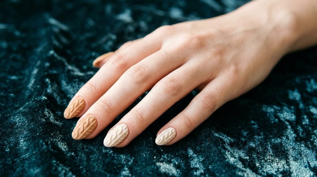 Short almond sweater nails in camel and cream resting on a dark teal velvet backdrop