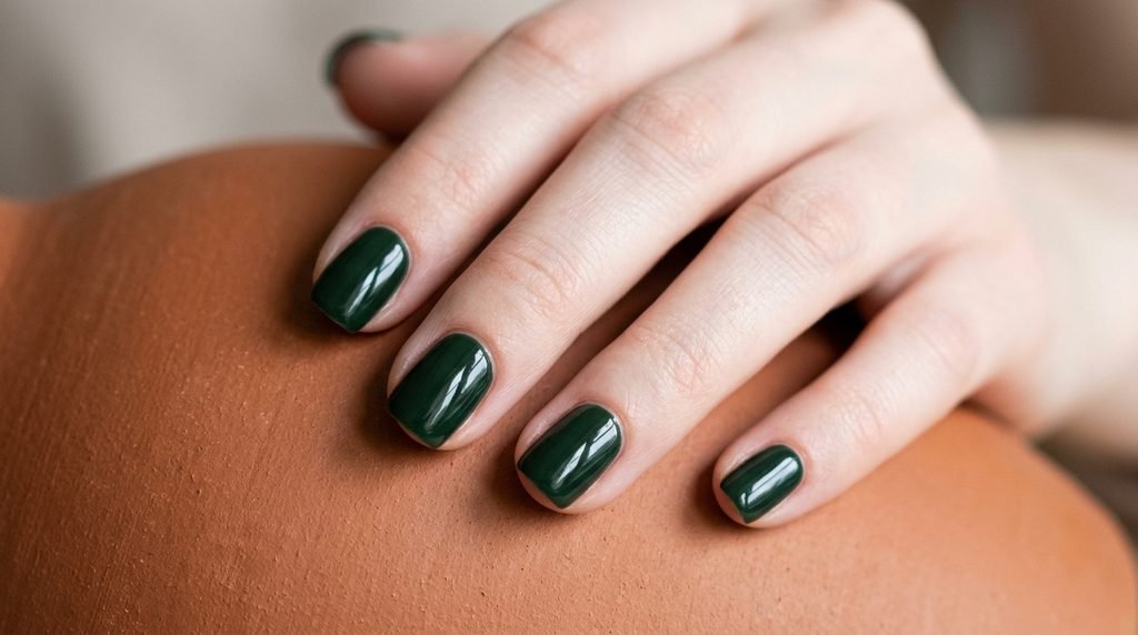 Short natural squoval female nails with rich forest green gel polish against a terracotta ceramic background.