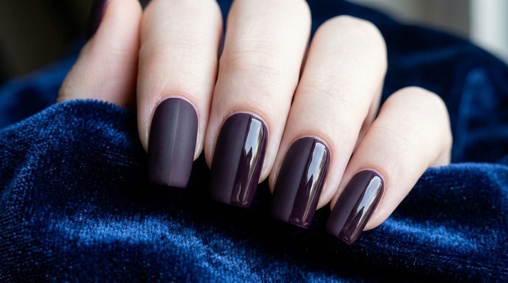 Split matte and glossy plum noir nails on an 18-year-old female hand with very white skin over dark sapphire velvet.