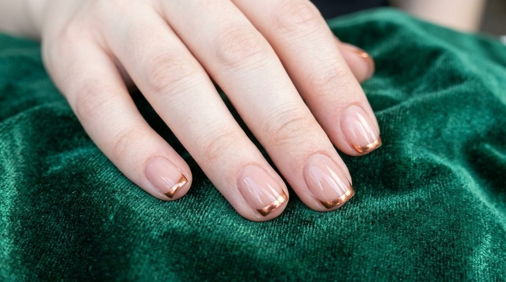 Short natural squoval nails with translucent nude base polish and metallic copper chrome micro tips on emerald green velvet.