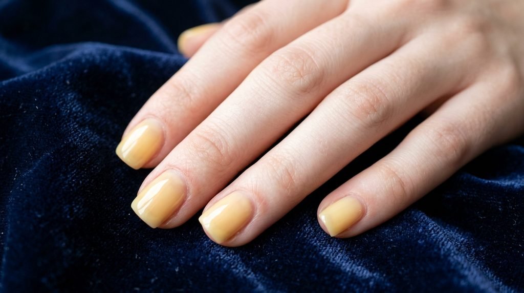 Short square nails with sheer butter yellow polish on an 18-year-old female hand with very white skin tone.