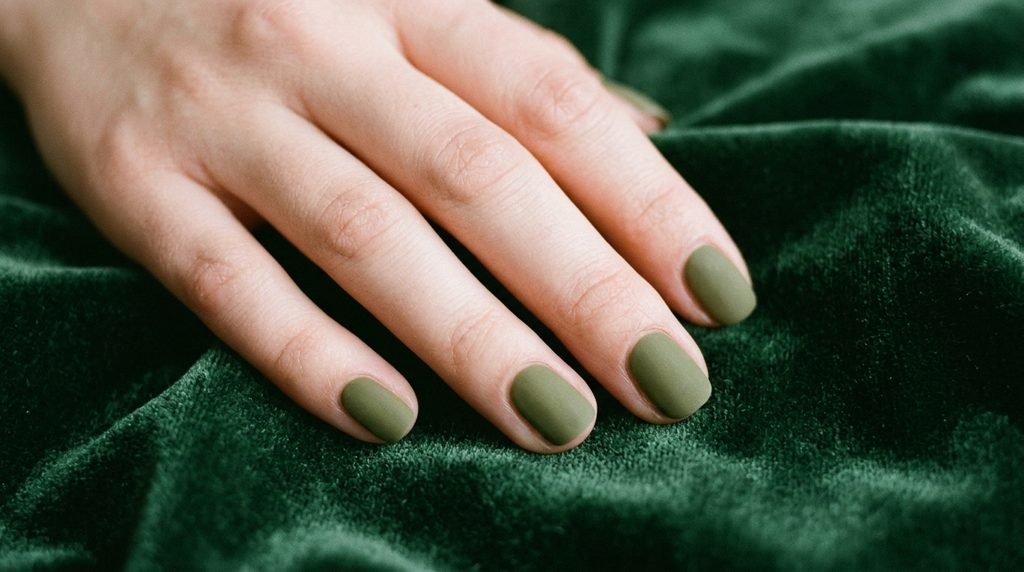 Freshly cleaned matte olive green nails displayed over dark forest velvet.