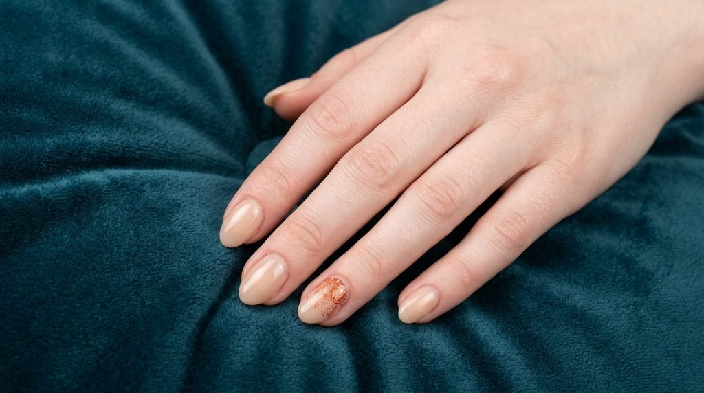 Burnt orange micro glitter accent nails on an 18-year-old female hand with very white skin against dark teal velvet.