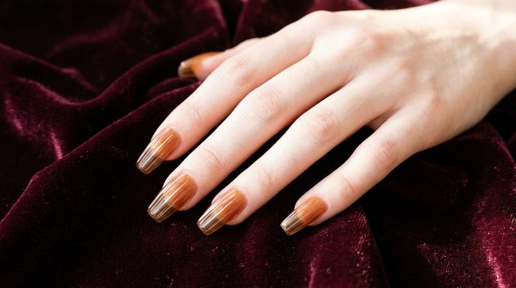Coffin-shaped ice coffee ribbed glass nails on an 18-year-old female hand with very white skin resting on burgundy velvet.