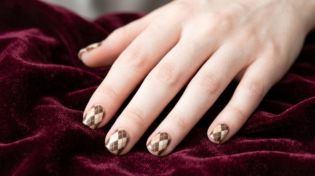 Argyle pattern short square nails shown on a white female hand against burgundy velvet.