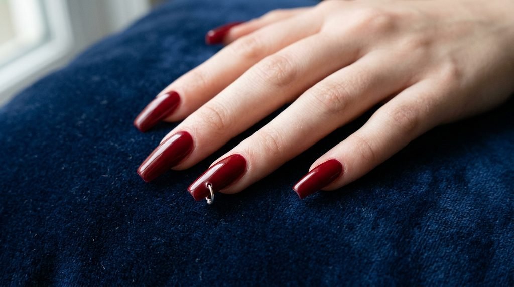Long glossy red coffin nails with a silver ring charm pierced through the tip of the ring finger.