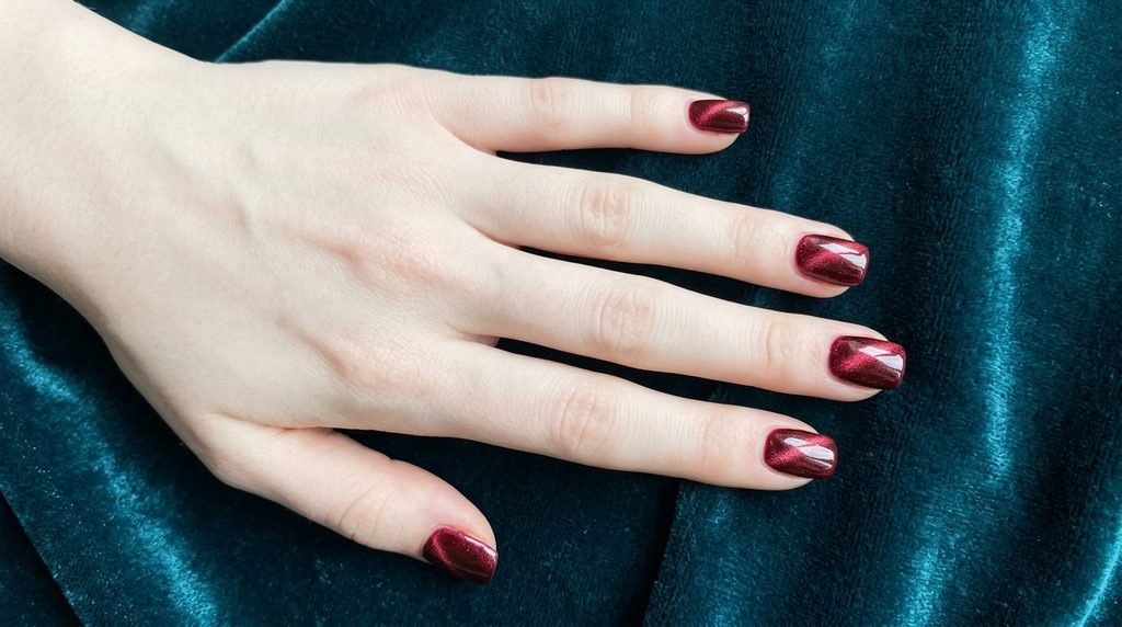 Short squoval magnetic velvet merlot nails on very white skin over dark teal velvet.