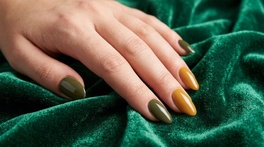 Flawless olive and mustard woodland nails displayed clearly over an emerald towel.