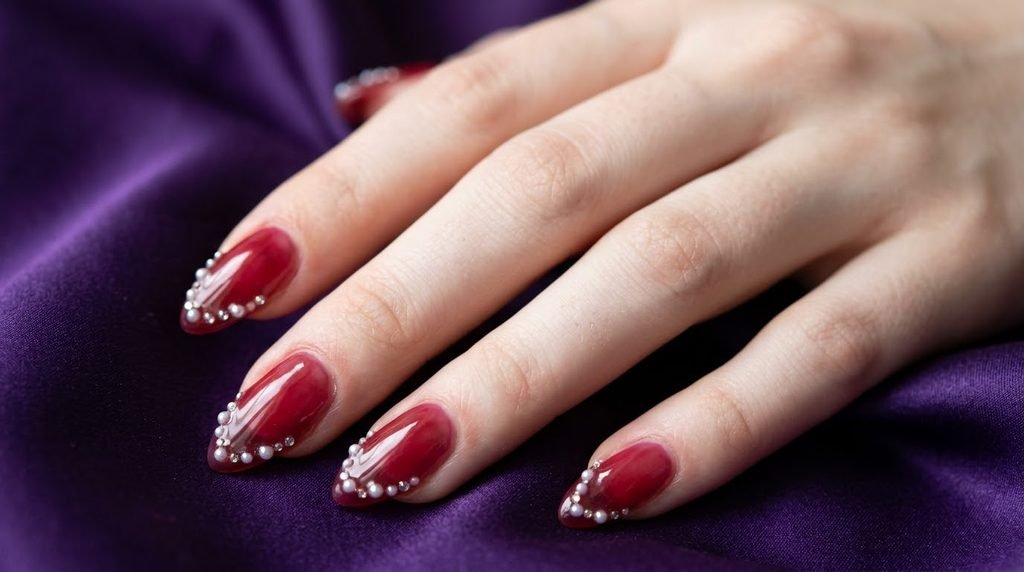 Micro pearls and tiny crystals attached to red jelly nails on very white female hand over violet silk.
