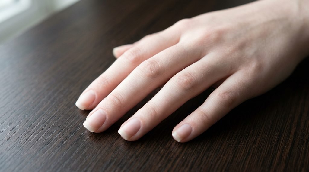 High-definition shot of clean prepped natural nails on an 18-year-old female hand with very white skin on an espresso wood surface.
