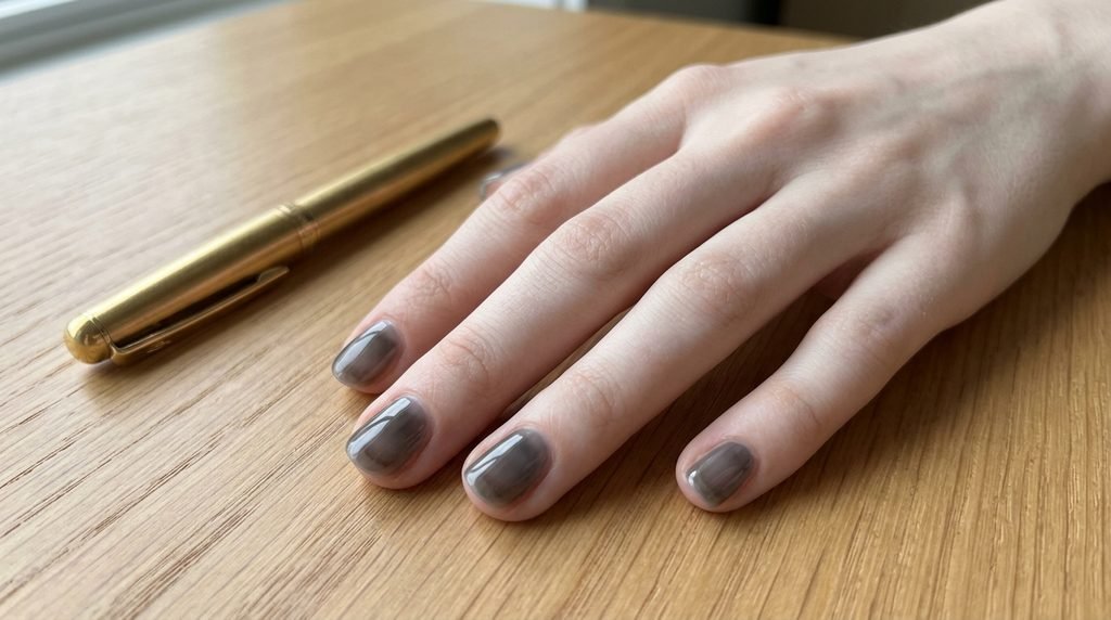 Short sheer grey-black jelly nails on an 18-year-old female hand resting on a desk surface.