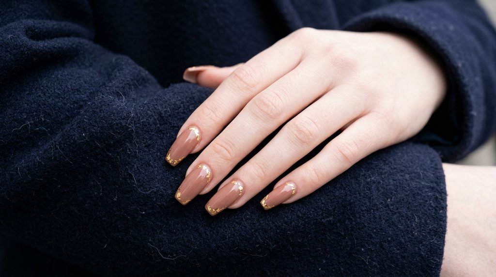 Mocha nude coffin nails with gold leaf flakes on an 18-year-old female hand with white skin tone over navy wool fabric.