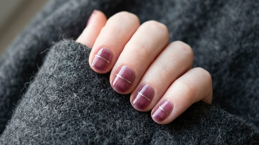 Mulberry jelly short oval nails with thin silver lines on an 18-year-old female hand with white skin over dark grey wool.