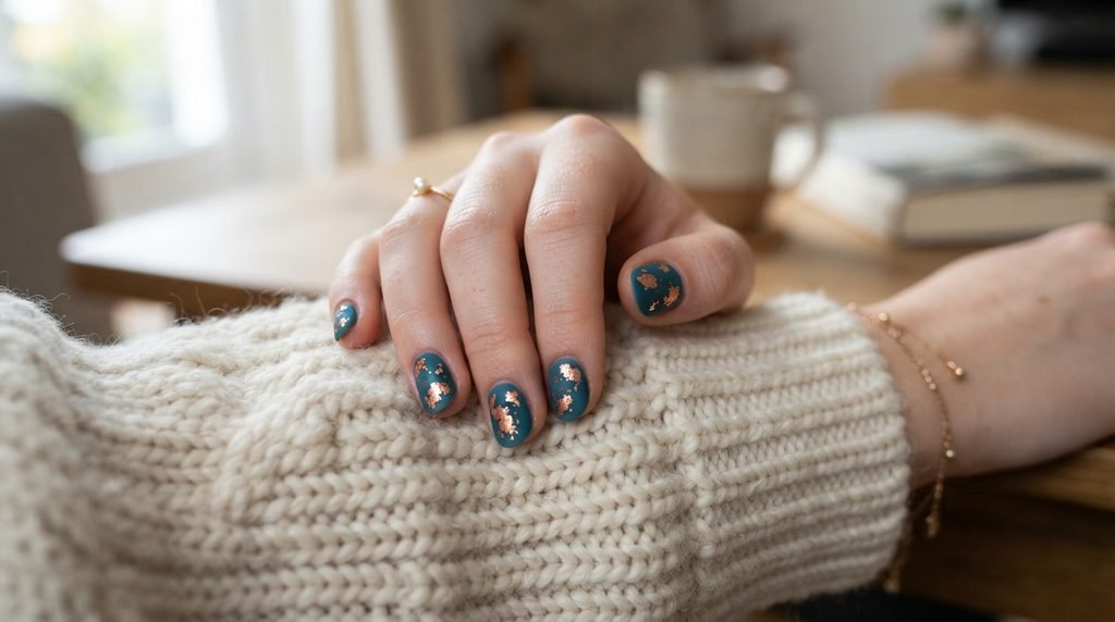 Matte teal nails with copper accents touching an ivory knit sweater sleeve on a hand with white skin.