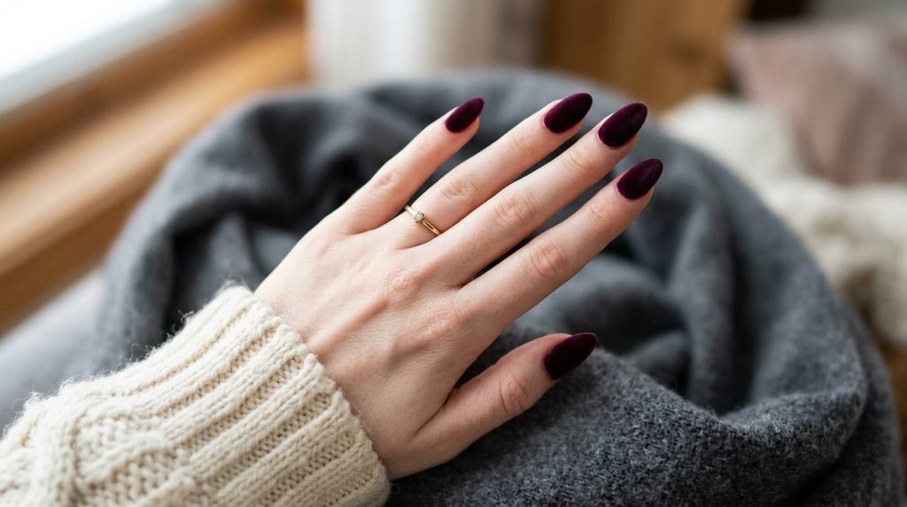 Close-up of a very white female hand, 18, with plum noir velvet almond nails resting against a luxurious cream wool sweater cuff.