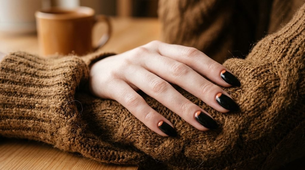Glossy black and  orange nails on a pale female hand resting on a dark camel sweater sleeve.