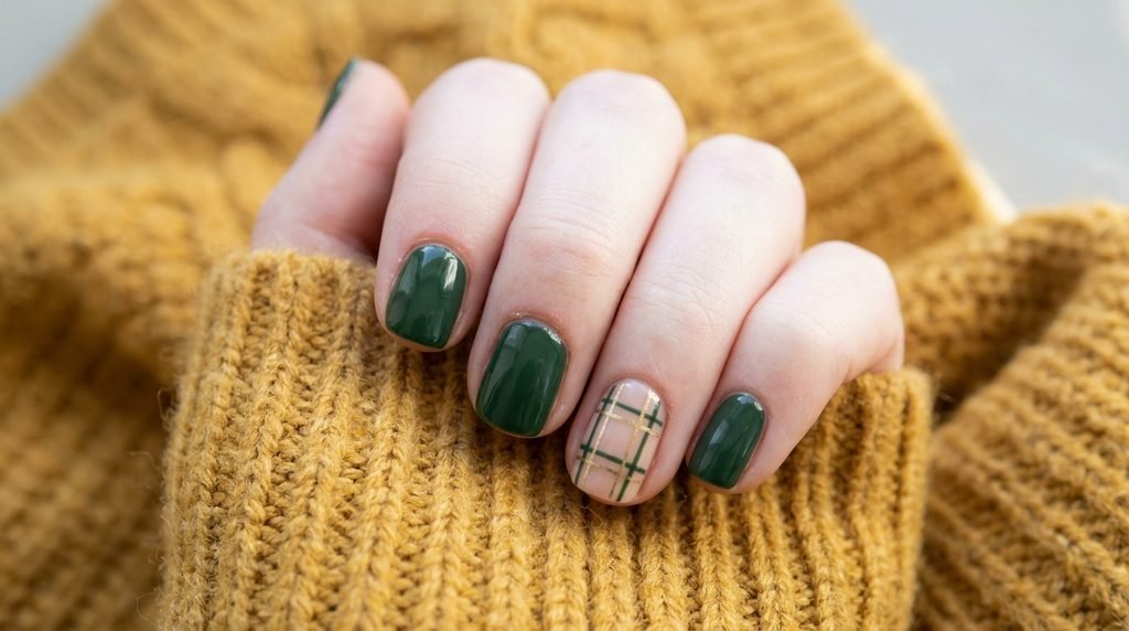 Short squoval nails in solid forest green with one nude accent nail painted with delicate green and gold plaid lines on mustard sweater.
