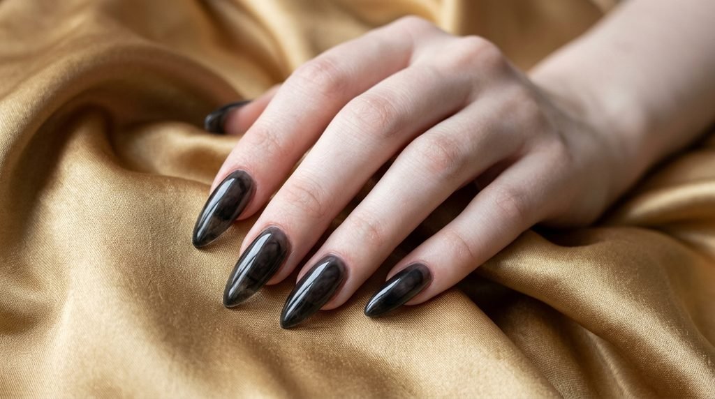 Long almond black glass nails on an 18-year-old female hand resting on golden satin.
