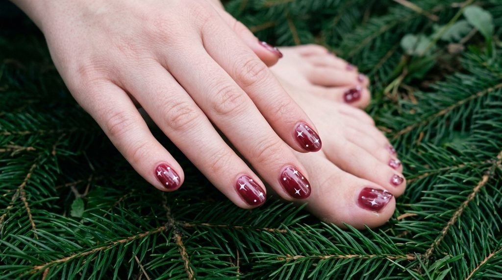 Cranberry jelly nails with hand-painted white stars on female hand resting near toes on emerald pine leaves.