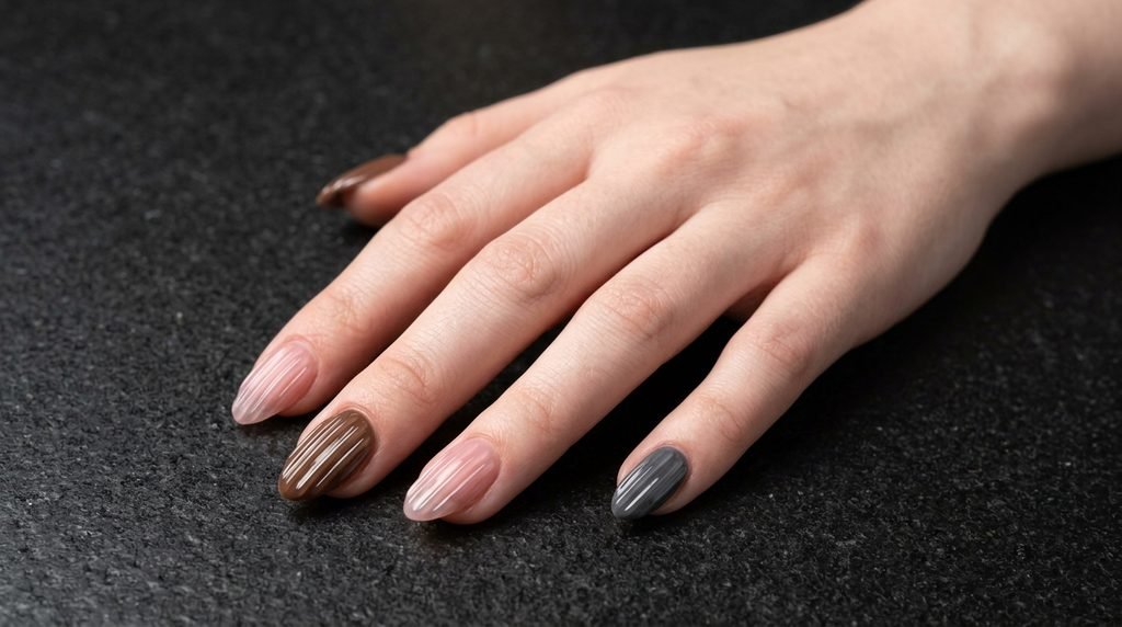 Swatch manicure of ice coffee, rose pink, and smoky gray ribbed glass nails on an 18-year-old female hand with very white skin on black granite.
